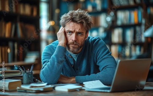 Frustrated young man at desk with laptop experiencing slow network issues and video call problems