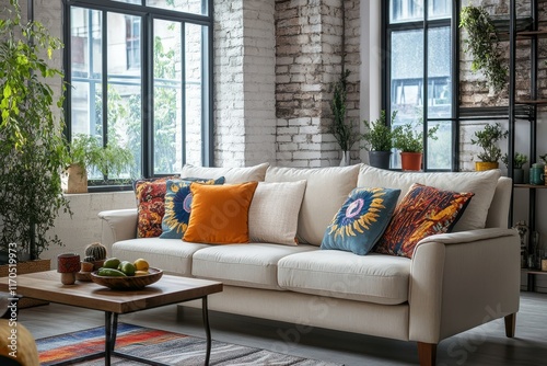 Cozy living room with off-white sofa, colorful pillows, and large windows. photo