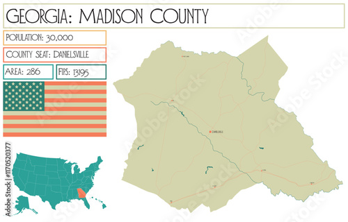 Large and detailed map of Madison County in Georgia USA.