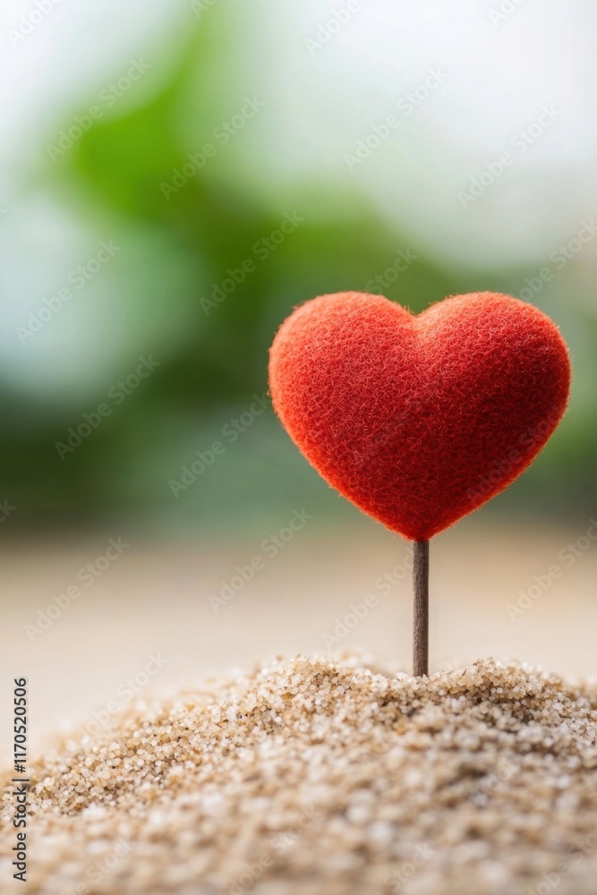 Fototapeta premium Vibrant red heart decoration resting on sandy surface, symbolizing love and warmth in a serene, blurred background.