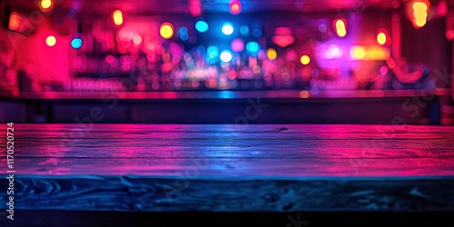 Nightclub bar with vibrant modern ambiance. Colorful nightlife atmosphere evokes party and excitement. Nightlife scene with neon glow and entertainment. Ideal for nightlife music visuals.