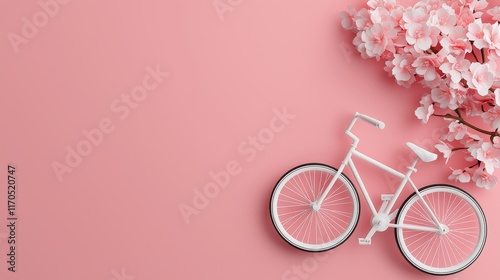 A miniature plastic bicycle decorated with soft pastel flowers, positioned elegantly on a vibrant pink background with subtle shadows for depth photo