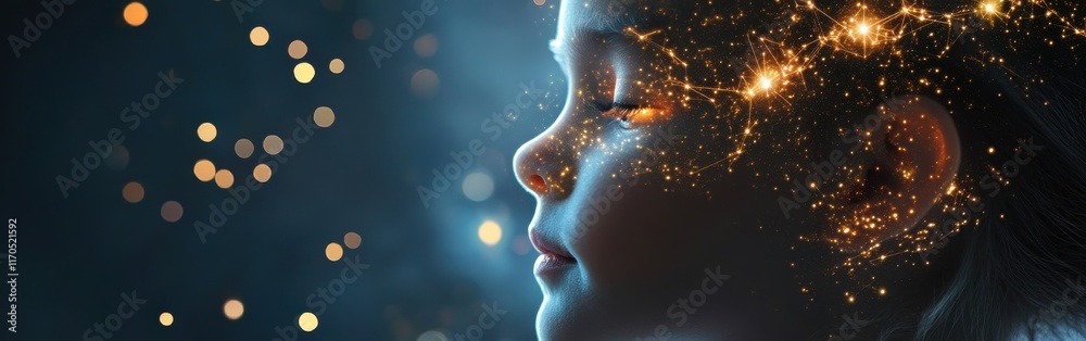 Glowing child reflecting dreams with bright stars and cosmic energy in a serene atmosphere Glowing child reflecting dreams with bright stars and cosmic energy in a serene atmosphere