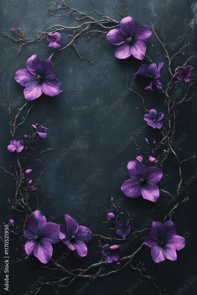 Fototapeta premium Gothic Floral Arrangement with Purple Flowers and Branches on Dark Grunge Background