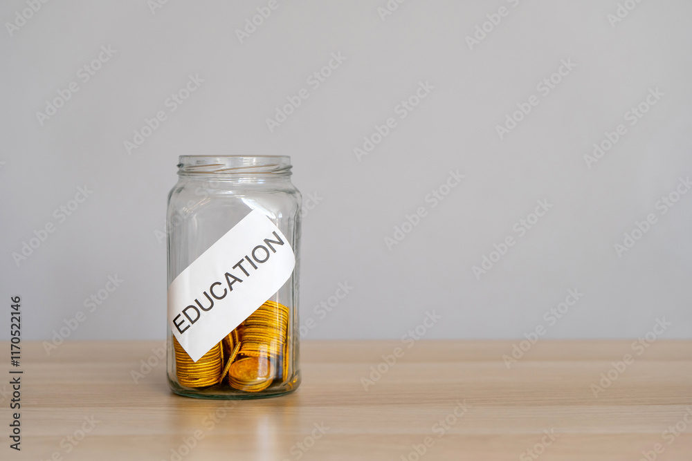 Glass jar with coins with the word Education. The concept of education for yourself or children. Accumulation of money for study. Distribution of cash savings. student loans Glass jar with coins with the word Education. The concept of education for yourself or children. Accumulation of money for study. Distribution of cash savings. student loans