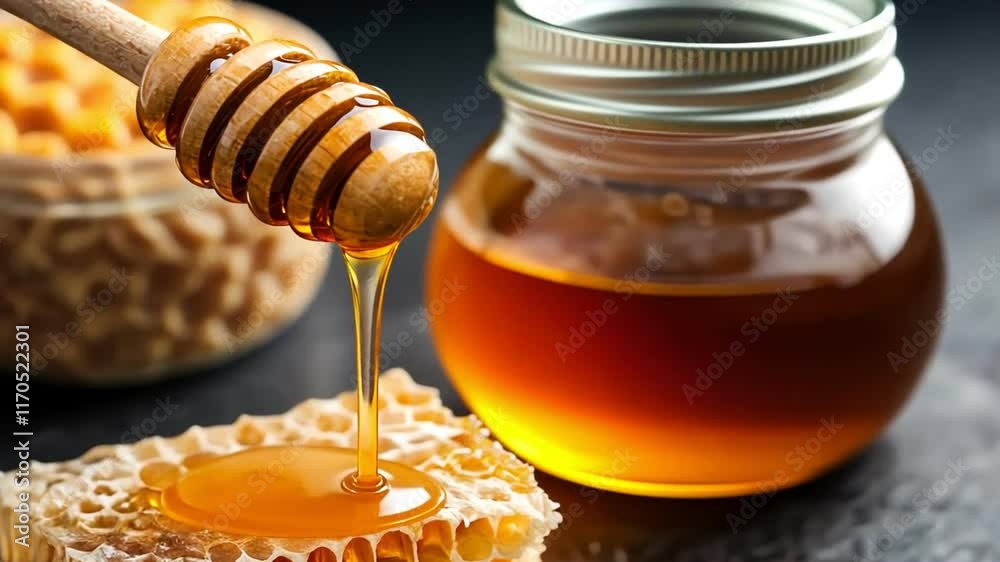 Close-up of fresh honeycomb with dripping honey and wooden dipper on a dark background. Close-up of fresh honeycomb with dripping honey and wooden dipper on a dark background.