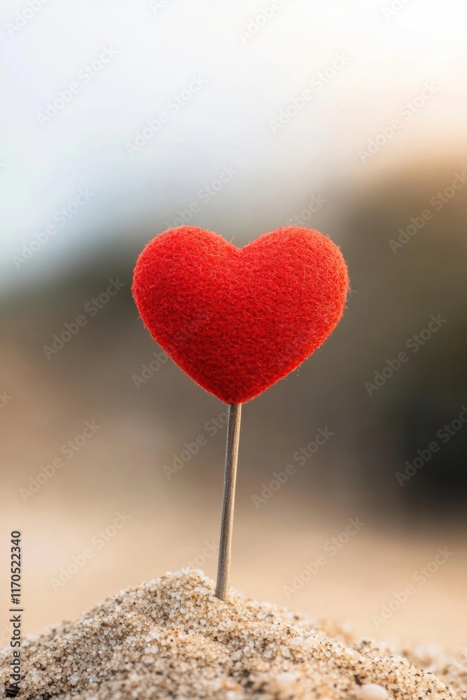 Fototapeta premium A vibrant red heart on a stick stands alone in the sand, symbolizing love and affection in nature.