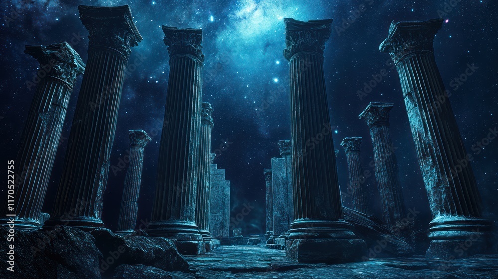 Fototapeta premium Night sky, ancient ruins, columns, path, cosmic background, fantasy.
