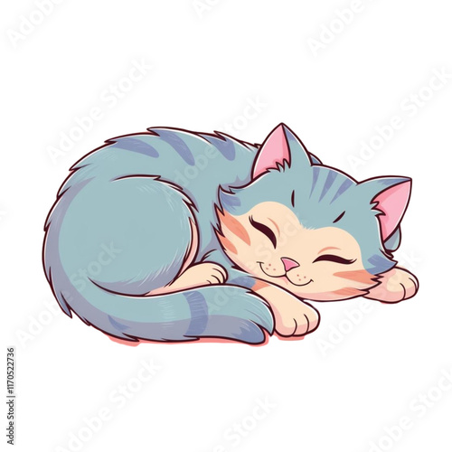 Sleeping cat on a pillow with a mouse in a cute cartoon style