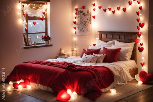 Red Heart-shaped decorations in a luxurious bedroom suite decorated with soft lighting and elegant furnishings for valentine day photo