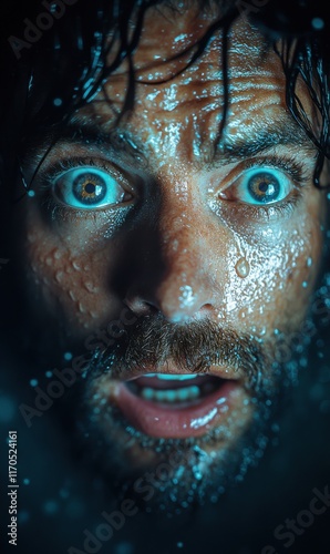 Intense expression of surprise and fear in a wet close-up portrait photo