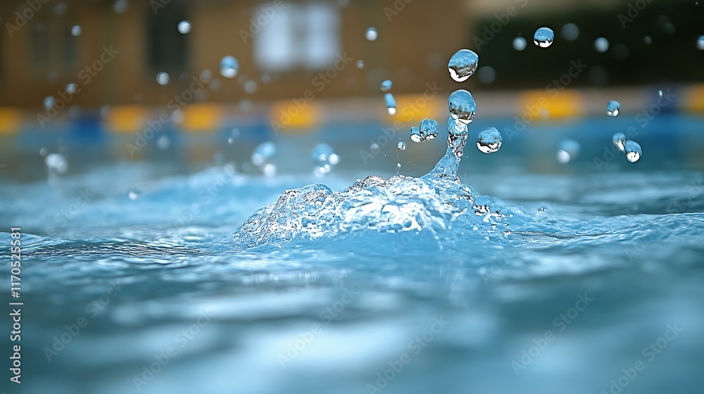 Water droplet impact creating a splash in blue water