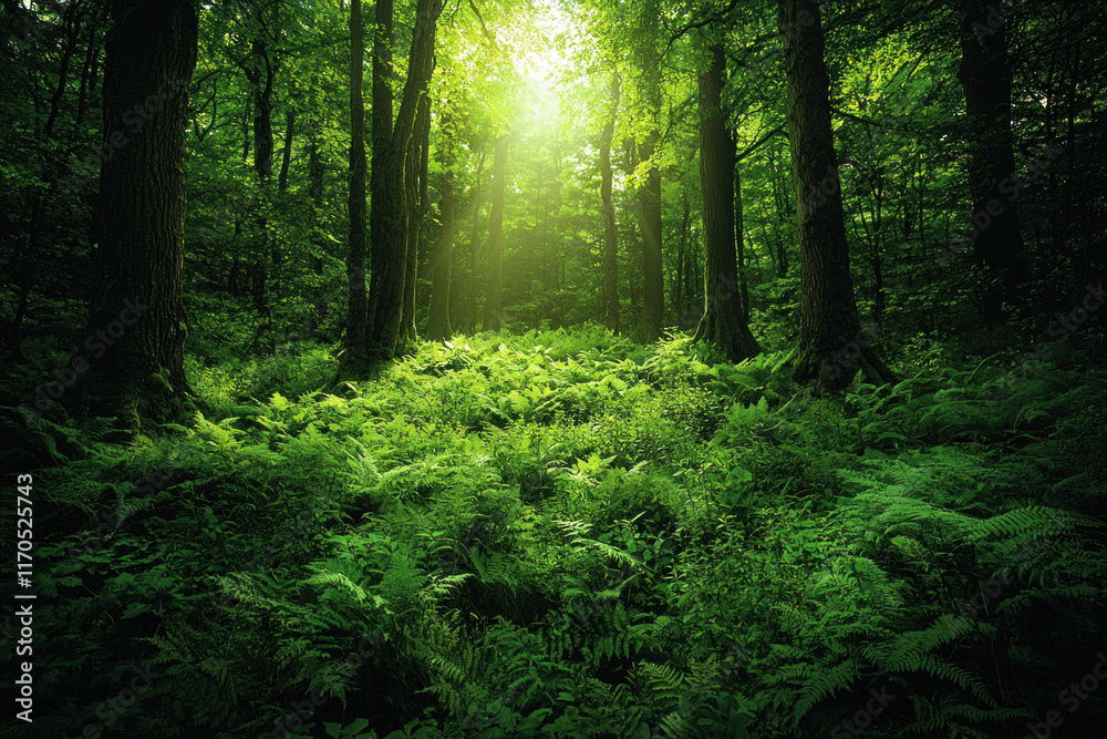 Obraz premium Sunbeams illuminate lush green ferns in a tranquil forest.