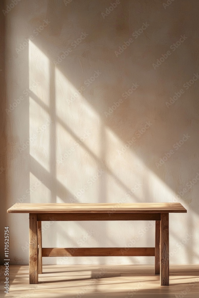 Fototapeta premium A clean wooden desk against a pale beige wall with a large blank space at the center, softly illuminated by sunlight from a nearby window. 