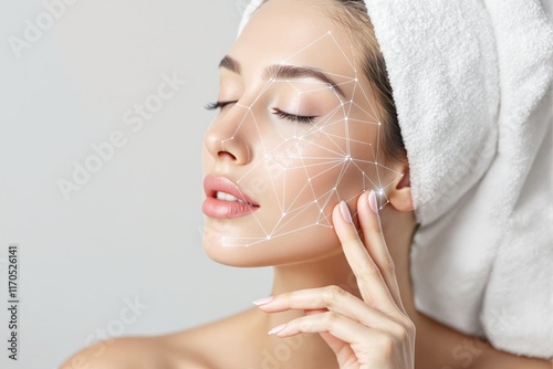 Woman with facial mapping lines touching her face, wearing a towel headwrap, on a soft neutral background. Concept of skincare and technology. Ai generative