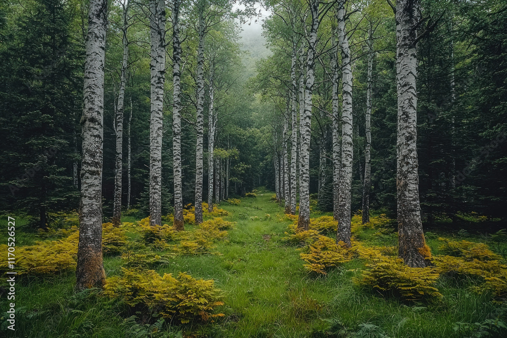 Fototapeta premium Misty path through birch trees and ferns.