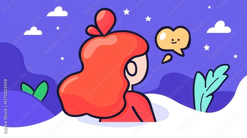 Woman with Red Hair Daydreaming Under Night Sky Cartoon Illustration Dreamy Scene Woman with Red Hair Daydreaming Under Night Sky Cartoon Illustration Dreamy Scene