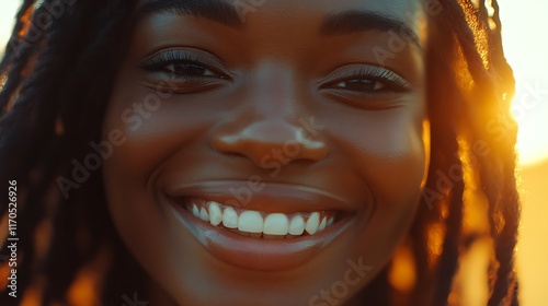 Wallpaper Mural Close-up portrait of a smiling young Black woman with dreadlocks, backlit by golden sunset light. Torontodigital.ca