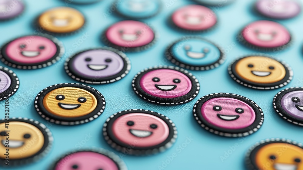 A lively patch bundle of comic-style stickers with colorful happy faces, uniquely styled for artistic product packaging or fun decor A lively patch bundle of comic-style stickers with colorful happy faces, uniquely styled for artistic product packaging or fun decor