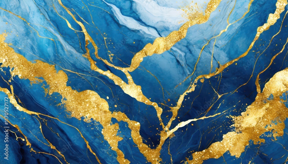 Obraz premium Elegant Abstract Blue Marble Texture with Gold Splashes A Luxurious Background for Sophisticated Designs, Perfect for Invitations, Websites, and Digital Art Projects