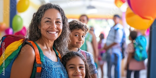 Parents and children attending a school orientation event with colorful decorations.