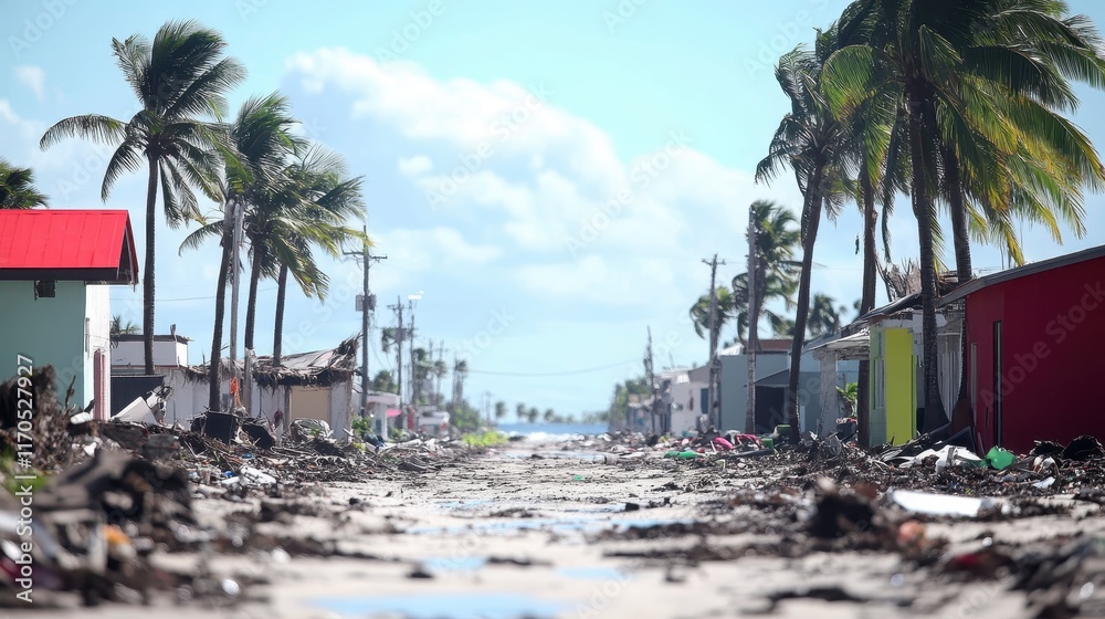 Obraz premium Devastating Hurricane Aftermath Tropical Street Scene Showing Damaged Homes and Debris