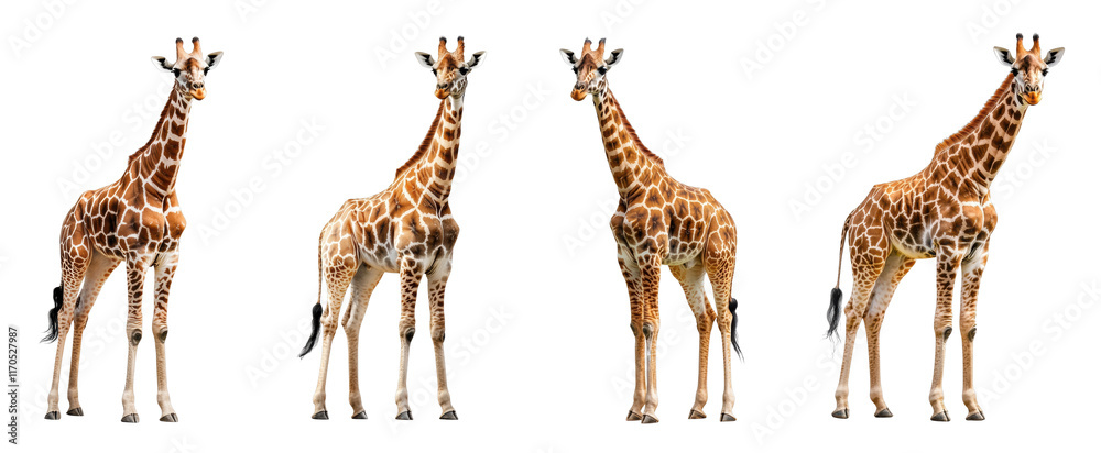 Obraz premium Four views of a majestic giraffe in a studio setting
