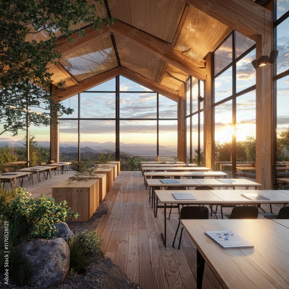 Fototapeta premium Innovative classroom design in remote off-grid setup natural surroundings rural tranquility emphasizing connection with nature