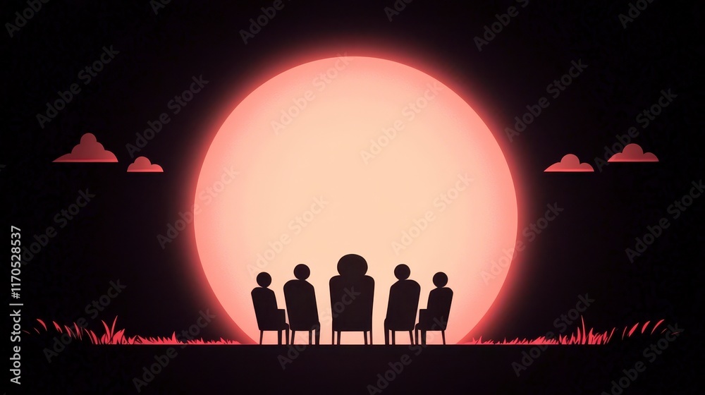Naklejka premium Silhouetted Figures Contemplating Sunset Peaceful Evening Gathering Group of People