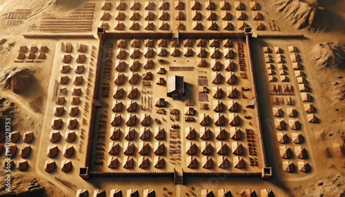 Bird's-eye view of a Roman legionary camp with accurate layout and earthy tones. Generated with AI. photo