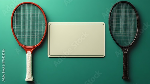 Obraz na płótnie Two Tennis Rackets and a Blank Sign on Teal Background w salonie