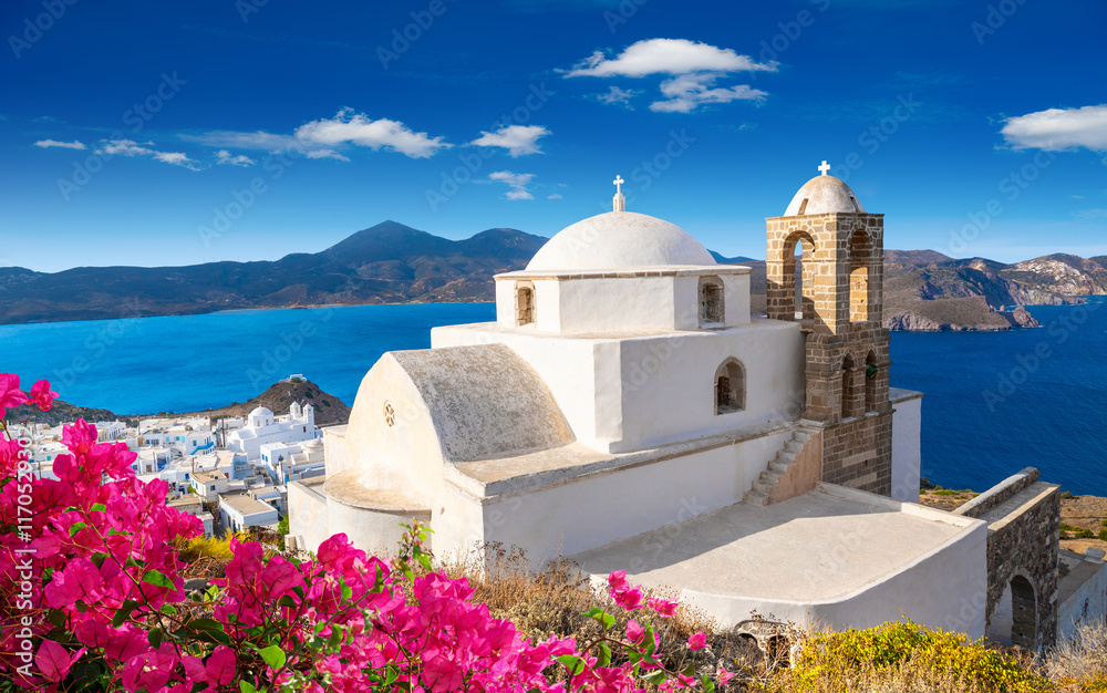 Panagia Thalassitra church view in the Plaka castle, Milos island, Greece