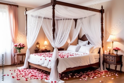 Luxurious bedroom with a bed and pillows with vintage furniture in a classic interior design, with red rose petals, for valentine day photo