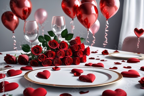 A romantic table setting with red roses and red wine glasses for a valentine celebration photo