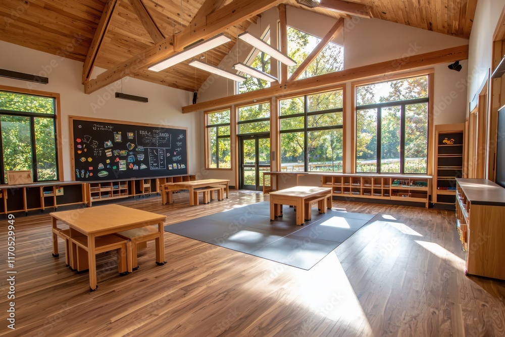 Innovative classroom design in restored historical building with modern amenities and flexible seating blending old and new educational concepts Innovative classroom design in restored historical building with modern amenities and flexible seating blending old and new educational concepts