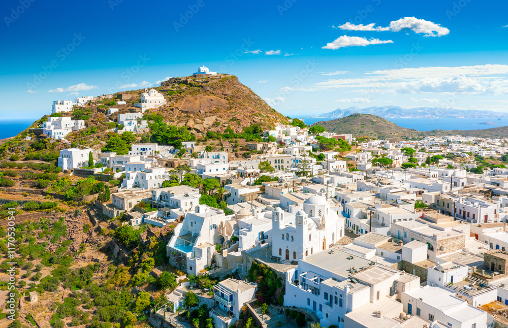 Panoramic view of Plaka town. Milos island, Greece