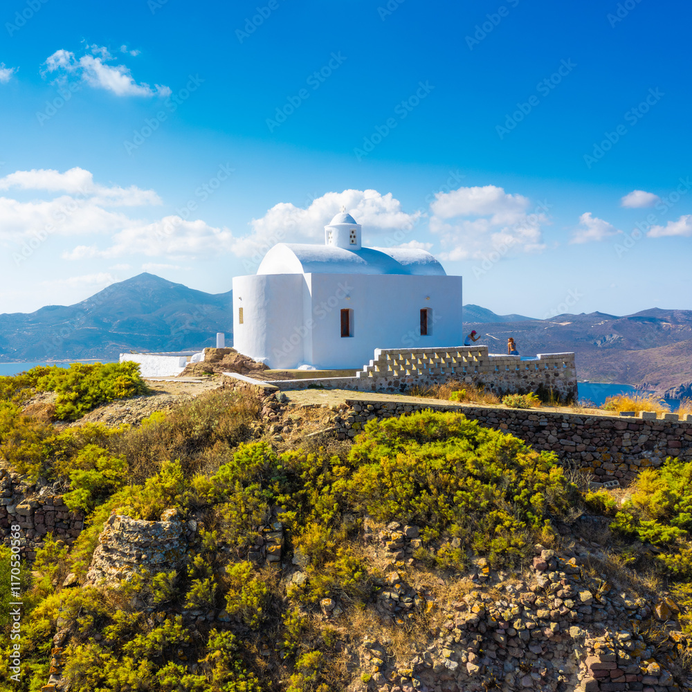 Panagia Thalassitra church view in the Plaka castle, Milos island, Greece