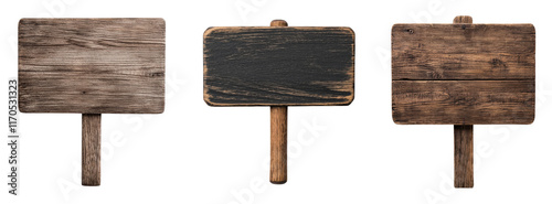 Assorted rustic wooden signs on sticks photo