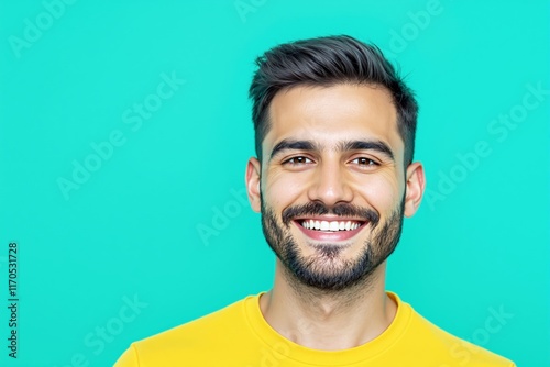 Smiling man in a yellow shirt, teal background, bright tone, cheerful mood, close-up portrait, concept of positivity, friendliness. Ai generative photo