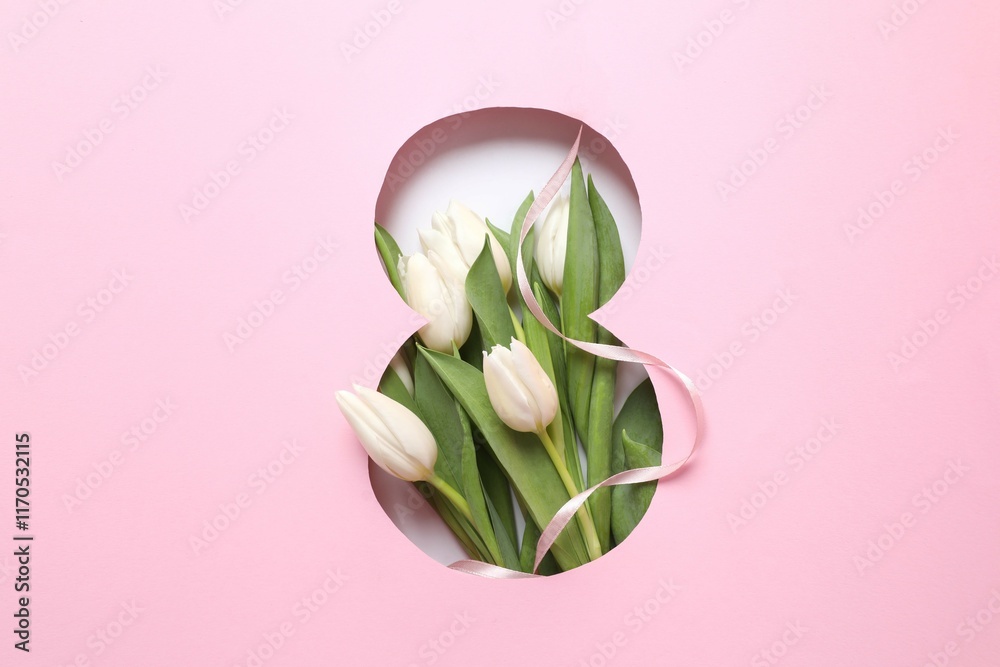 Obraz premium Paper cut out figure eight on pink background with fresh tulips. Concept of 8 march, Women's day