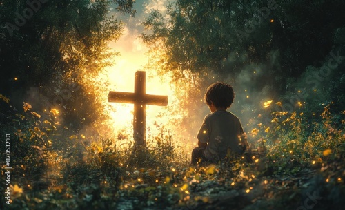 Young Boy Kneeling in Prayer at Wooden Cross in Golden Hour Light Surrounded by Greenery