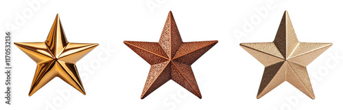 Trio of metallic star decorations in gold, copper, and bronze