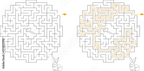 Help bunny pass through circular maze to find carrot. Feed the hungry pet labyrinth. Medium difficulty riddle for kids and parents with solution