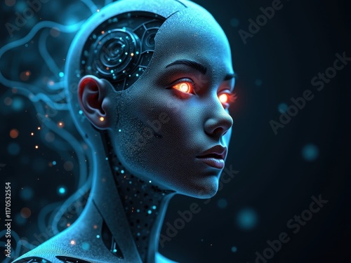 Halfhuman halfrobot face featuring glowing eyes in a futuristic setting with intricate details and a captivating blue background photo