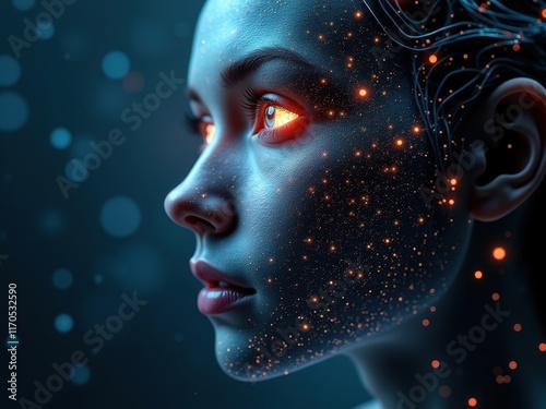 Halfhuman halfrobot face with glowing eyes surrounded by a cosmic background in a futuristic setting photo