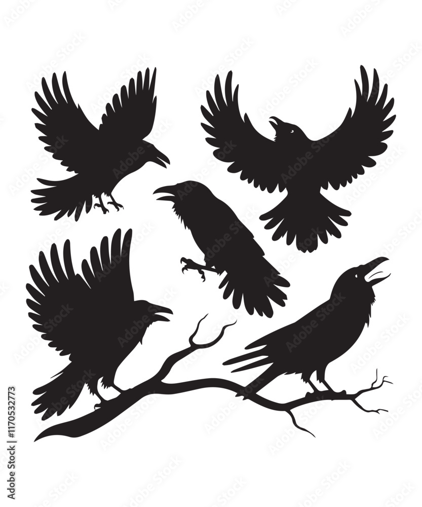 Obraz premium Raven Silhouettes in Black: Flying, Perched, and Calling with a Gothic Aesthetic