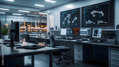 A sleek laboratory showcases the cutting edge technology of quantum computing optimizing prosthetic joint simulations  Dynamic visualizations display comprehensive movement and stress analysis