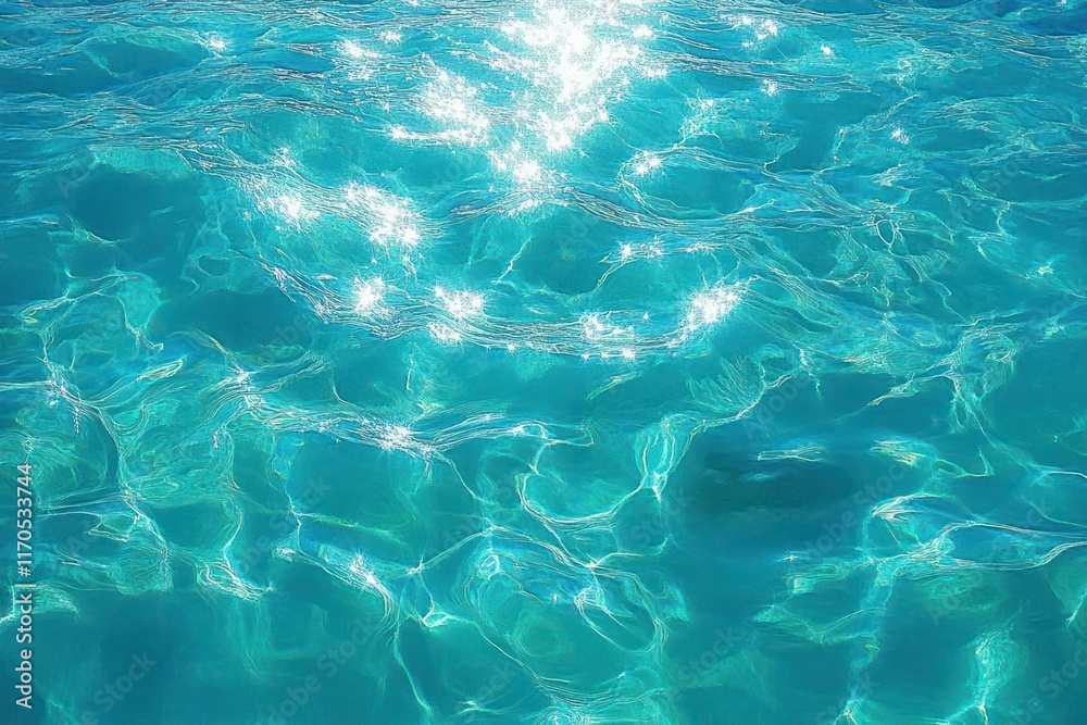 Fototapeta premium Turquoise Water Surface Caustics and Waves Overhead View Summer Pool Background