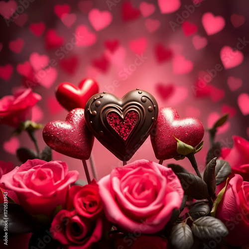 A red rose and chocolate hearts.