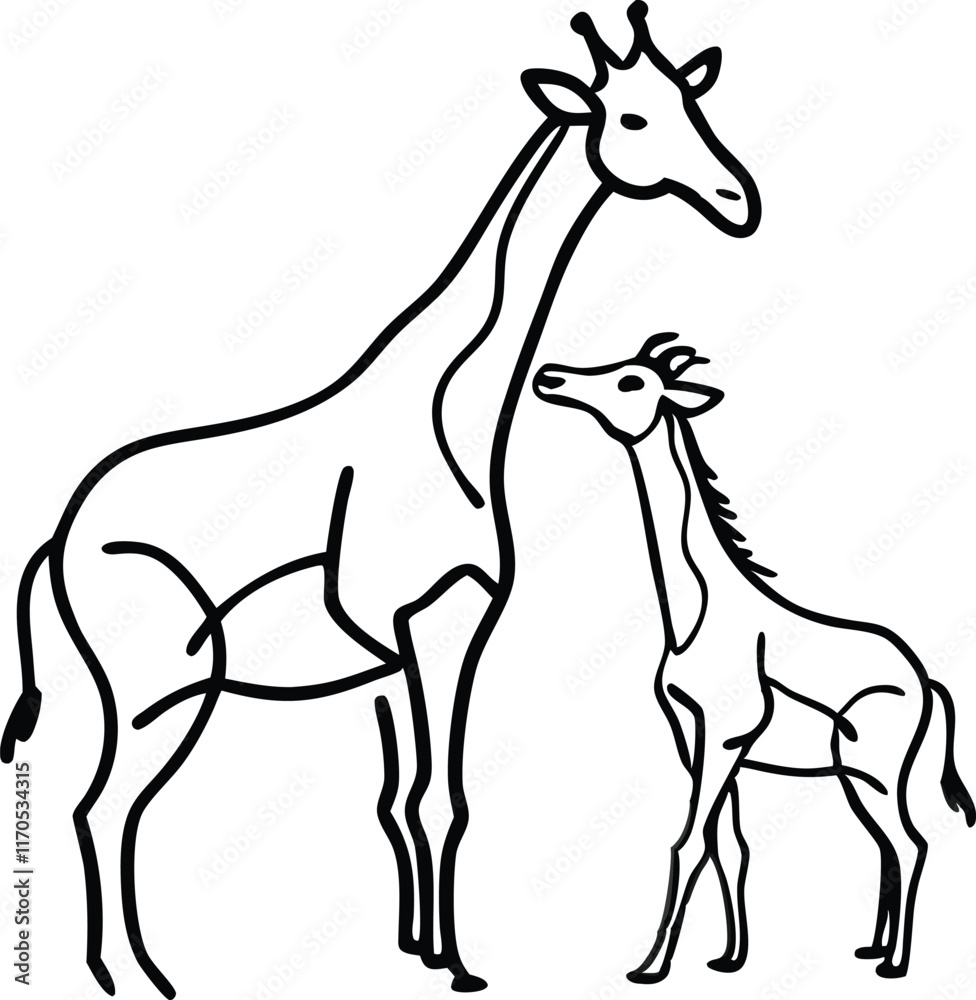 Fototapeta premium Giraffe with baby Continuous one line drawing